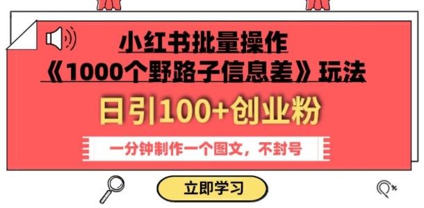 小红书批量操作《1000个野路子信息差》玩法，一分钟制作一个图文，不封号，日引100+创业粉