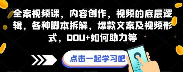 全案视频课，内容创作，视频的底层逻辑，各种脚本拆解，爆款文案及视频形式，DOU+如何助力等